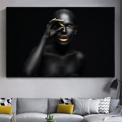 Golden and Black Africa Woman Wall Art Canvas Paintings Fashion Model Posters And Prints Pictures for Living Room Home Decor