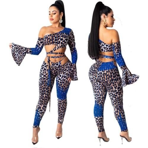 Leopard Print Striped Tracksuit Flare Sleeve Off Shoulder Bandage Crop Top Long Pencil Pants Night Party Clubwear 2 Pcs Set