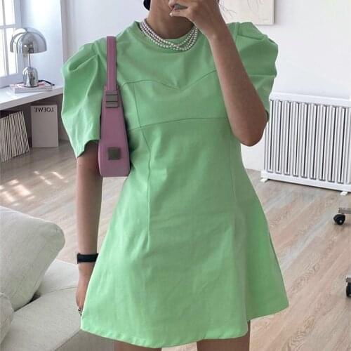 Round Neck Knitted Puff Sleeves Waist A-line Short-aged Short Solid Color Design T-shirt Dress