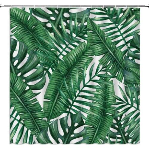 Green Leaf Shower Curtains Tropical Watercolor Plant Leaves Banana Leaf Pattern Bathroom Decor Fabric Hanging Curtain Set