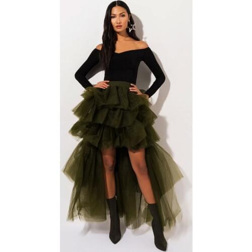 Faldas 2021 Olive Green Ruffles Tiered High Low Tulle Women Skirts High End Long Tulle Mesh Birthday New Year Party Tulle Skirt