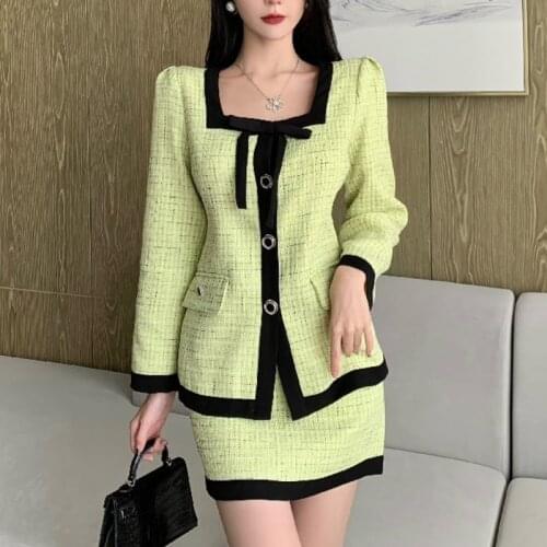 Autumn Winter Korean Fashion Casual Plaid Tweed 2 Piece Set Women Jacket Coat + Mini Skirt Suits Female Vintage Two Piece Sets