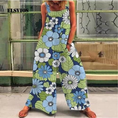 Fashion Painted Printed Flaring Jumpsuit Womens High-Waist Pocket Thin Loose Playsuit Summer Elegant Lady Floral Casual Rompers