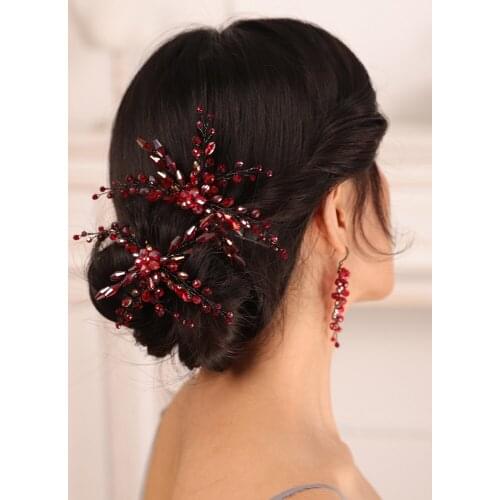 Bohe Red Black Bridal Headwear Crystal Hair pin and Earrings set Bride hair jewelry hat female wedding hair accessories