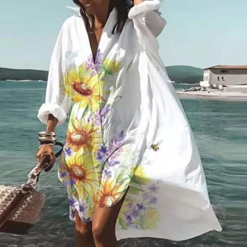 Spring Turn-down Collar Polo Shirt Dress Women Butterfly Flower Print Party Dress Autumn Long Sleeve Irregular Pullover Dresses