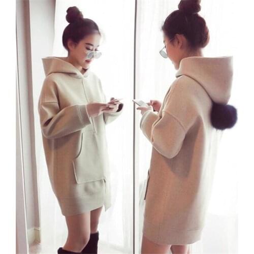 Ladies Casual Dress Women Mid-length Autumn Winter Korean Style Trendy Loose Tops Slim Fit All-match Hooded Pure Color Thickened