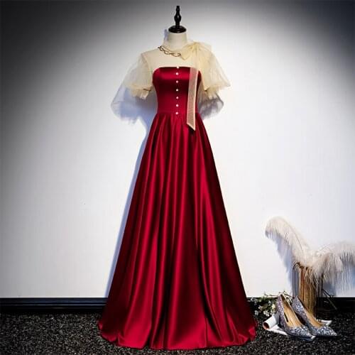 Evening Dress New Vintage Short Sleeves Backless Lace Up A-Line High Neck Ruched Floor-Length Party Formal Dresses Woman B981