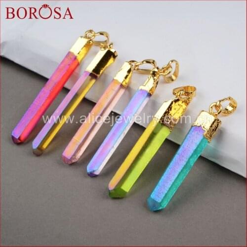 BOROSA Gold Color Aura Quartz Titanium Crystal Point Pendant Jewelry,Fashion Rainbow Crystal Drusy Pendant for Necklace G0360