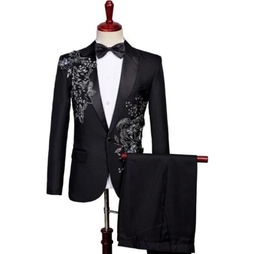Black Blazer men groom suit set with pants mens wedding suits Sequin singer star style stage terno slim clothing formal dress