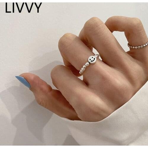 LIVVY Elegant Pearl Bead Stone Elastic Smile Rings For Women Fashion Multi Beaded Adjustable Size High-quality Jewelry Gifts