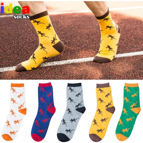Cotton cartoon animal Jacquard novelty men socks lizard gecko pattern comfortable pure socks brand Embroidery happy long socks