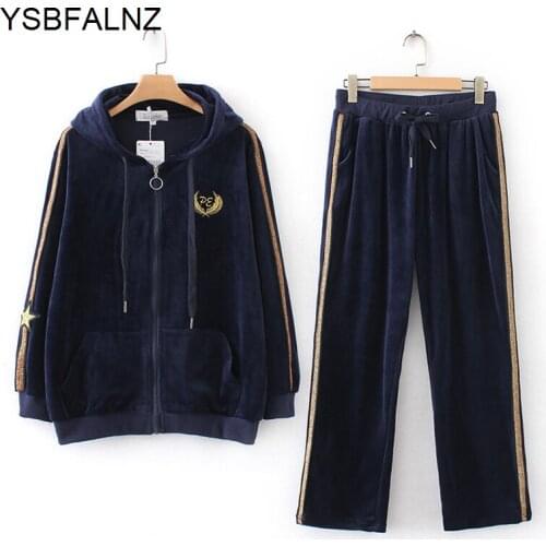 Coral Fleece 50-100KG Womens Loose Two Piece Suit Spring Autumn Casual Hooded Zipper Coats Tops + Tracksuit Flare Pants 2021