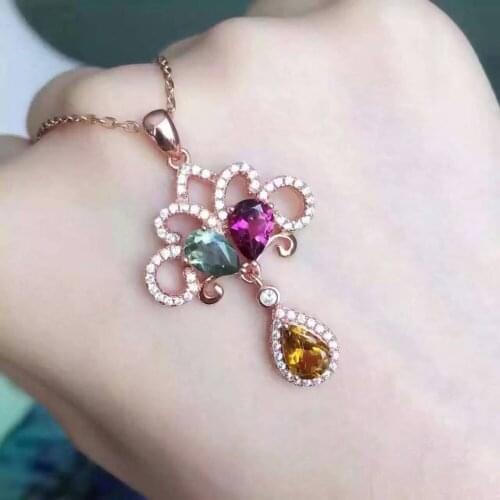 Natural Multicolor tourmaline Pendant natural gemstone pendant necklace S925 silver Elegant Lovely Bells fan girl gift jewelery