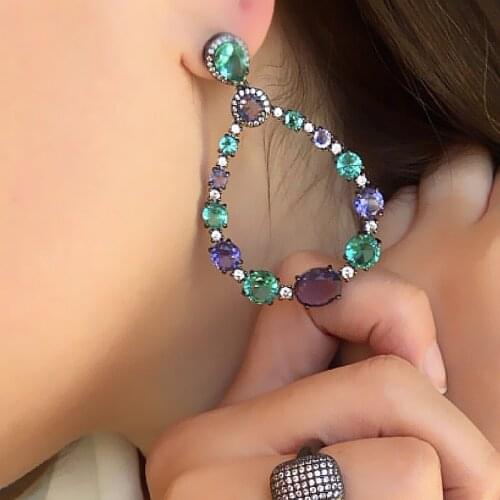 Fashion Big Dangle Earrings Green Crystal Zircon Stone Colorful Boho Hollow Long Earrings Gold Plated For Women Jewelry Gift CZ