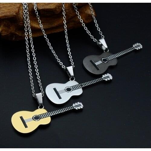 Rock Two Tone Gold Color Titanium Stainless Steel Music Guitar Pendant Necklace for Men Jewelry