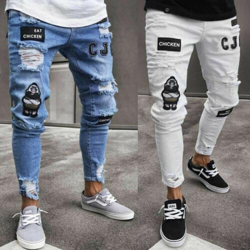 Men Stretchy Ripped Skinny Biker Embroidery Print Jeans Destroyed Hole Taped Slim Fit Denim Scratched High Quality Jean
