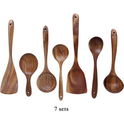 7PCS Kitchenware Set Teak Natural Wood Table Spoons Reusable Cookware Drinking Tools Kitchen Tool Non-stick Kitchen Accessories