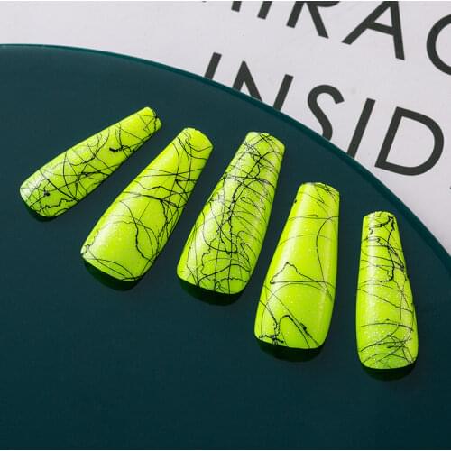 20pcs Long Coffin Ballet False Nails with Abstract Line Designs Glitter Fake Nails Full Cover Press on Nail Art Manicure Salon