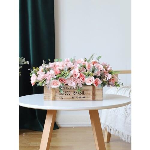 Nordic Solid Wood Fence Vase Artificial Flowers Set Home Livingroom Desktop Funishings Crafts Store Office Ornaments Decoration
