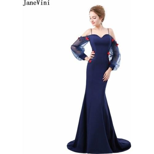 JaneVini Sexy Mermaid Beaded Appliques Long Bridesmaid Dresses with Sleeves Spaghetti Straps Backless Bruidsmeisjes Jurk Women