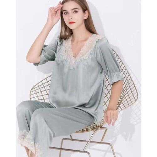19mm summer ladies silk sexy lace stitching solid color casual pajamas home service