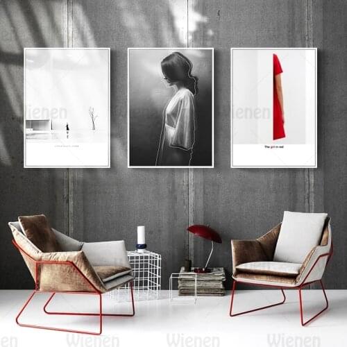 Nordic Modern Art Posters and Prints Girl In White Red Black Dress Outline of Body Picture Canvas Painting Wall Art Home Decor