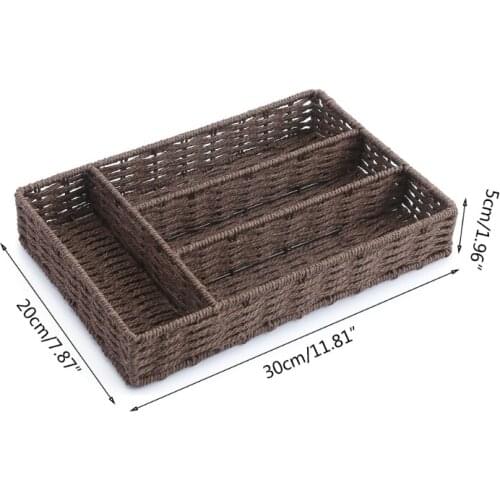 Divided Rattan Woven Storage Box Large Desk Kitchen Utensil Hand-Woven Storage Basket Sundries Holder Organizer Grid Debris E8BD