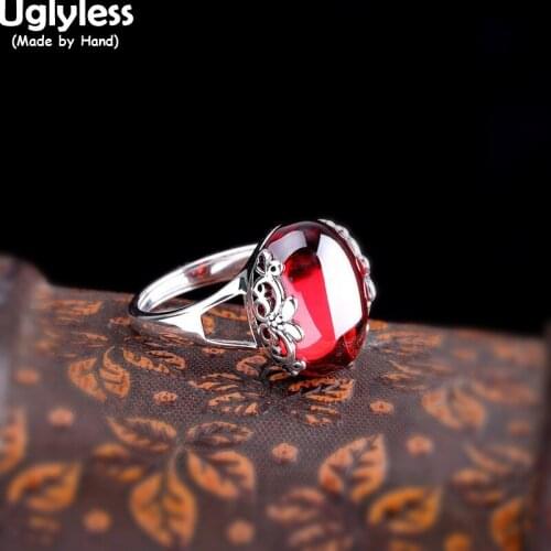 Uglyless Vintage Fashion Garnet Red Rings for Women Chalcedony Gemstones Open Rings Real 925 Silver Flowers Ethnic Dress Jewelry