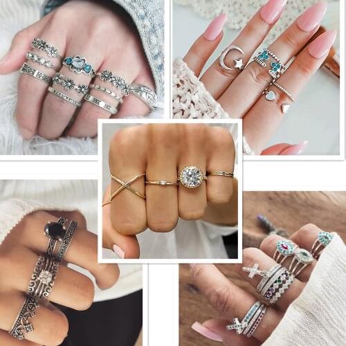 Boho Vintage Ring For Women Crystal flowers Star Crescent Geometric Female Finger Rings Set Jewelry