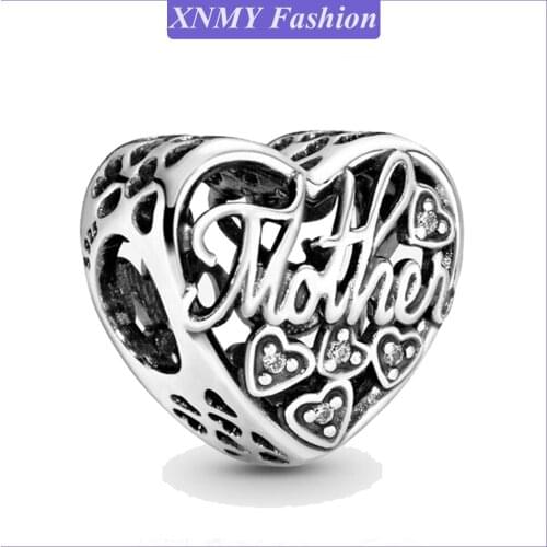 XNMY New Original Silver Color Mother and Son Script Openwork Charm Beads Fit European Pandora Bracelet Necklace Jewelry Making