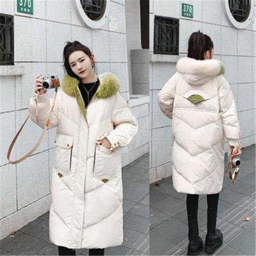 2021 Winter Fashion New Mid-Length Fur Collar Hooded Long-Sleeved Thick Warmth And Contrasting Color Cotton-Padded Jacket Women