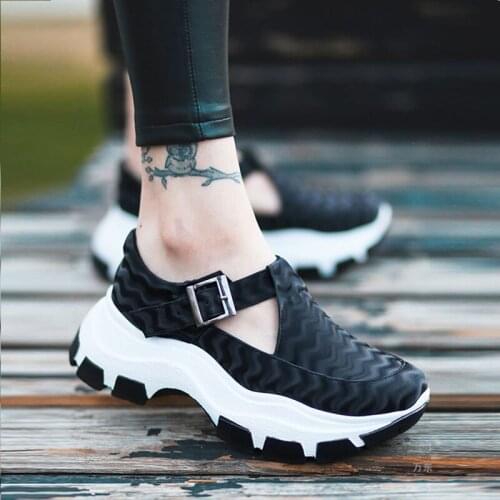 2021 Spring Autumn Womens Sneakers Shoes Buckle Strap Round Toe Thick Platform Solid Casual Leisure Running Female Flats