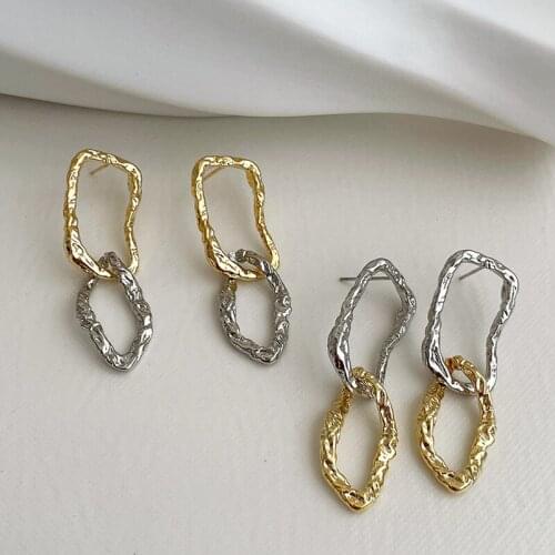 AOMU S925 Korean Simple Personality Geometric Irregular Gold Silver Color Contrast Hollow Metal Drop Earrings for Women Gifts