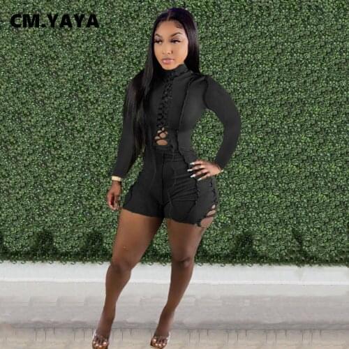 CM.YAYA Women Playsuit Solid Full Sleeve Bandage Hollow Out Stretchy Skinny Playsuits Fashion Rompers One Piece Overalss Autumn