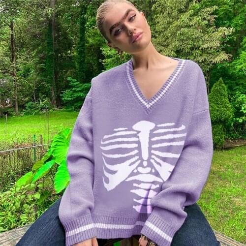 Womens V Neck Skeleton Print Sweaters Classic Long Sleeve Loose Knitted Tops Autumn Winter Caual Knitted Pullover Streetwear