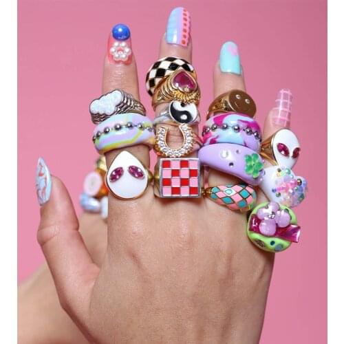 New Summer Colorful Sweet Trendy Geometric Square Checkered Dripping Oil Ring for Women Delicate Party Jewelry