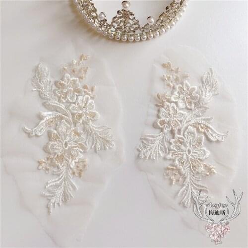 2Pcs/1Pair Luxury Ivory Good Quality Embroidery Flowers Lace Cloth Applique Trim Wedding Dress Sewing DIY Patch 20X12cm