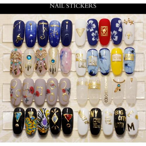 5pcs Bronzing series 3D nail art sticker magazine style gold nail art decals words/hollow/frame elements nail beauty accessories