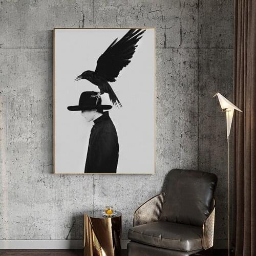 Abstract Man and Crow Canvas Paintings Wall Art Prints Poster Living Room Decor Decorative Paintings On The Wall Home Decor