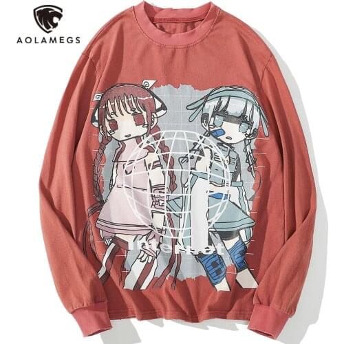 Aolamegs Sweatshirts Men Comics Girl Illustration Distressed Pullover Hip Hop Style Casual Tops Couple Baggy Fashion Streetwear