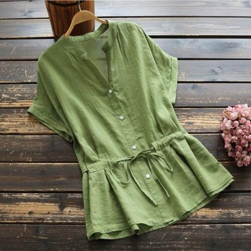 Cotton Linen Summer Blouses Korean Tie Waist Loose Tops Pure Cotton Short Sleeve Shirt Women Casual V-neck Blouse Blusas Mujer