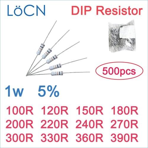 500pcs 5% 1W Carbon Film Resistor DIP 100R 120R 150R 180R 200R 220R 240R 270R 300R 330R 360R 390R OHM Color ring