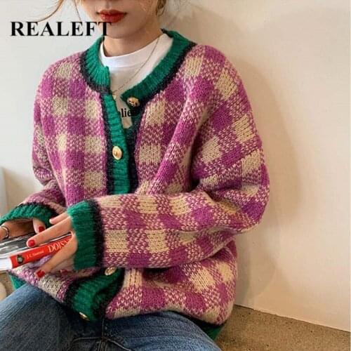 REALEFT Women Knitted Cardigan Vintage 2021 New Winter Elegant Long Sleeve Plaid Design Casual Single Breasted Coat Female Tops