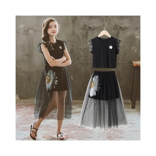 Girls summer clothes flower print girls lace skirt+vest 2pcs toddler girls clothes fly sleeve kids girls clothes teenager 4-15y