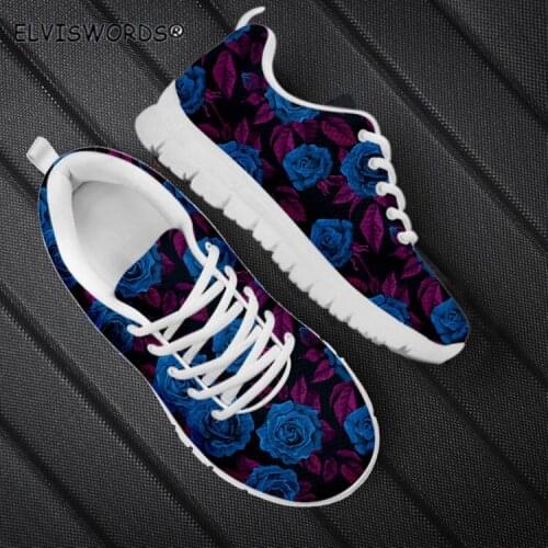 ELVISWORDS Fashion Rose Flower Design Womens Lace-up Sneaker Flats Breathable Adult Sports Shoes for Female zapaotos de mujer