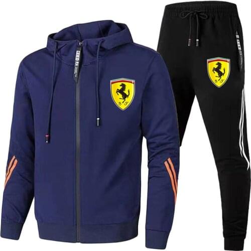 Mens spring and summer leisure hooded cycling sportswear + pants two-piece cotton zippered jacket fitness running training suit