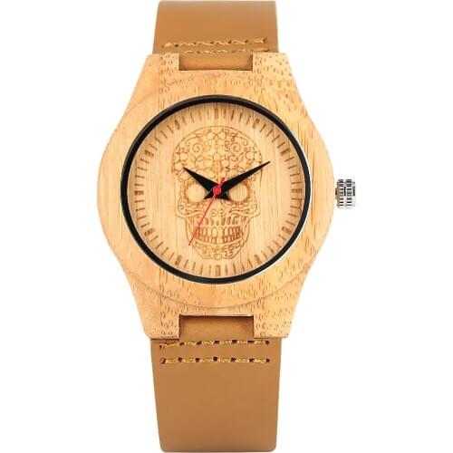 Mens Creative Skeleton Skull Design Bamboo Watch Premium Brown Hook buckle Strap Bamboo Watch Natural Quartz Bamboo Wristwatch