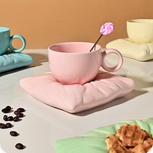 Creative simple Ceramic Candy solid color Coffee Mug cups and saucer sets family cup Dessert Pillow bag Plate coffee shop