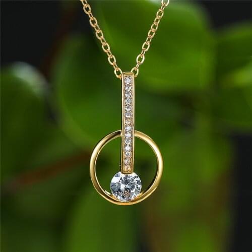 Charm Female White Crystal Pendant Necklace Classic Gold Color Chain Necklaces For Women Luxury Hollow Round Wedding Necklace