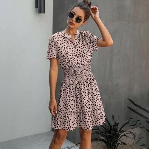 Summer Polka Dot Dress Casual Ruffle Short Sleeve Women Mini Dresses Buttons Waisted Green Chiffon Dress Woman Party Dresses
